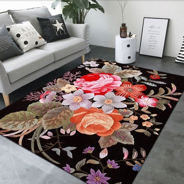 3D Flower Print Living Room Floor Mat Black 40x60cm - Image 4