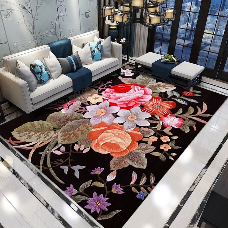 3D Flower Print Living Room Floor Mat Black 40x60cm - Image 1