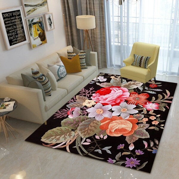 3D Flower Print Living Room Floor Mat Black 40x60cm - Image 3