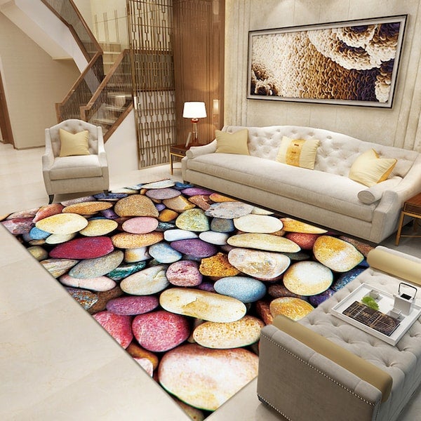 Classic 3D Colorful Stones Print Non-Slip Floor Mat, Synthetic Fibre, Rectangle Multicolour 50x80cm  - Image 3