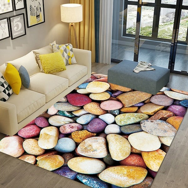 Classic 3D Colorful Stones Print Non-Slip Floor Mat, Synthetic Fibre, Rectangle Multicolour 50x80cm  - Image 4