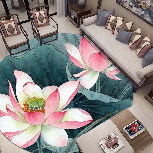 1-Piece Round Anti-Skidding Lotus Print Simple Mat Multicolour 60cm  - Image 2