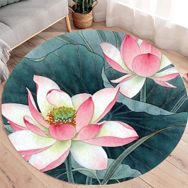 1-Piece Round Anti-Skidding Lotus Print Simple Mat Multicolour 60cm  - Image 3