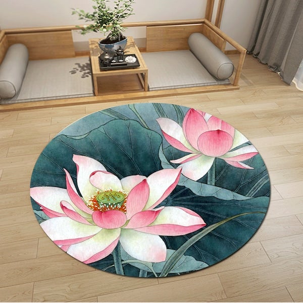 1-Piece Round Anti-Skidding Lotus Print Simple Mat Multicolour 60cm  - Image 4