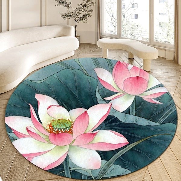 1-Piece Round Anti-Skidding Lotus Print Simple Mat Multicolour 60cm  - Image 5