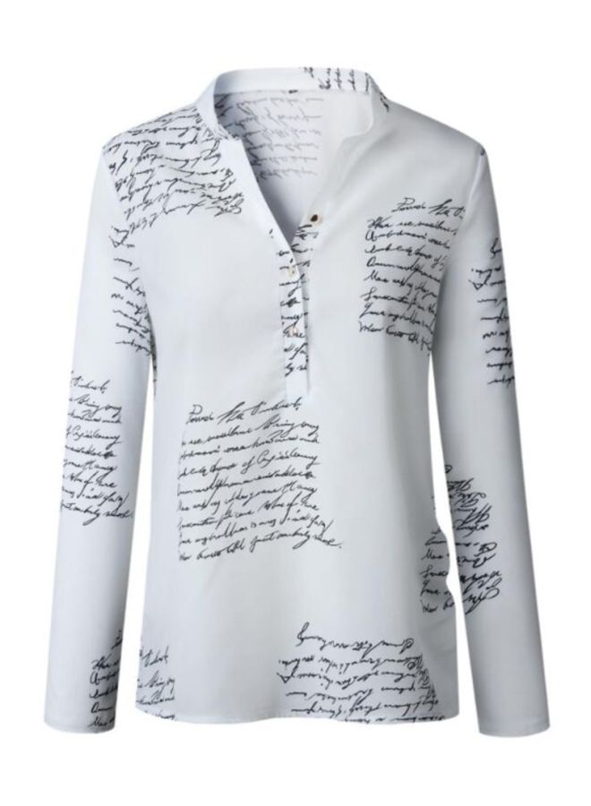 شاربدو قميص مطبوع بأكمام طويلة وفتحة عنق على شكل حرف V أبيض/أسود - Image 1