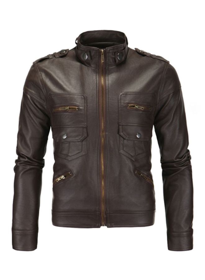 Sharpdo - Long Sleeve Leather Jacket Dark Brown - Image 1