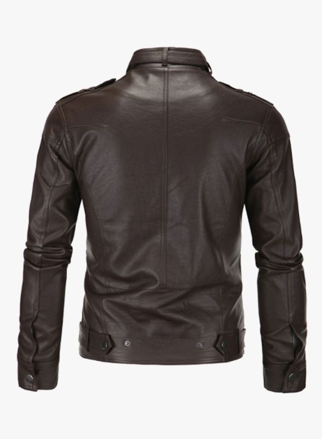 Sharpdo - Long Sleeve Leather Jacket Dark Brown - Image 1