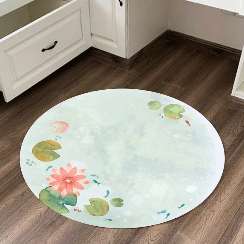 Lotus Print Simple Soft Living Room Mat Green Diameter 60cm  - Image 1
