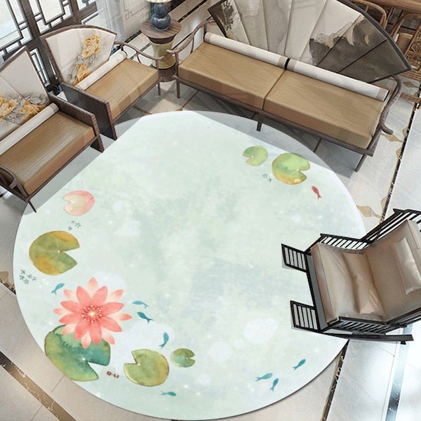 Lotus Print Simple Soft Living Room Mat Green Diameter 60cm  - Image 2