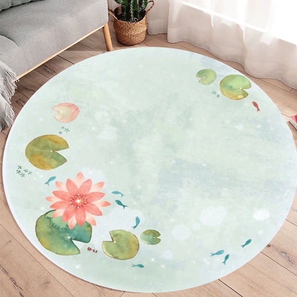 Lotus Print Simple Soft Living Room Mat Green Diameter 60cm  - Image 4