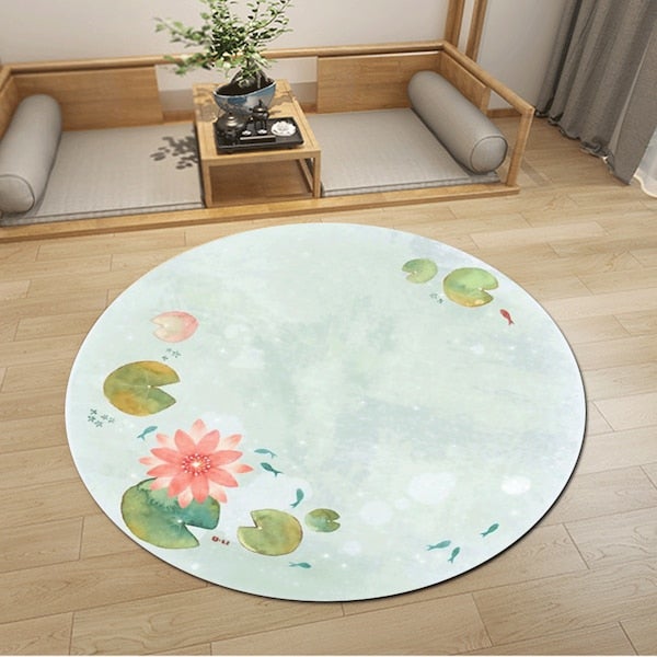 Lotus Print Simple Soft Living Room Mat Green Diameter 60cm  - Image 5