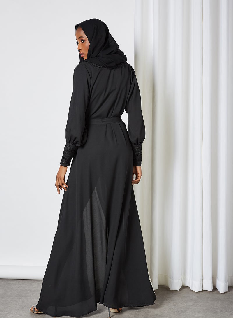 SIVVI for HANIYA - Lace Detail Georgette Crepe Abaya Black - Image 1