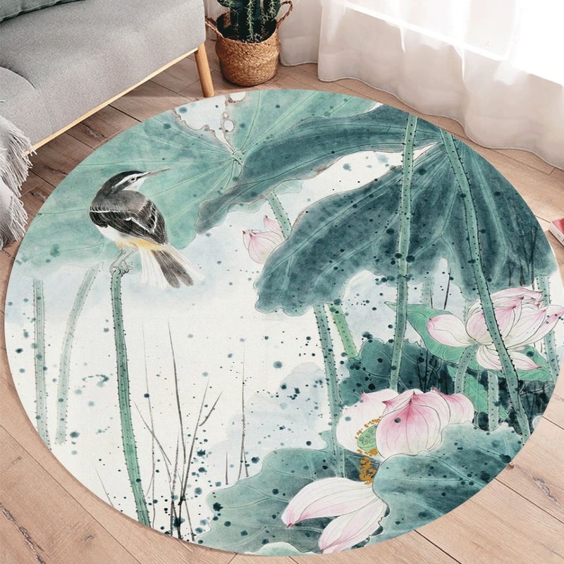 1-Piece Round Anti-Skidding Lotus Bird Print Simple Mat Green 40cm  - Image 1