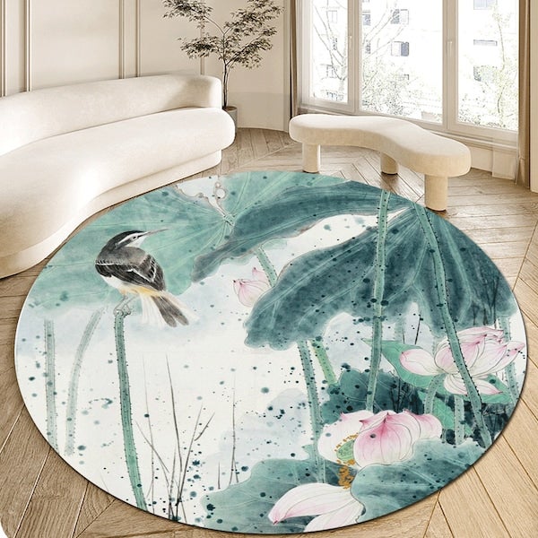 1-Piece Round Anti-Skidding Lotus Bird Print Simple Mat Green 40cm  - Image 2