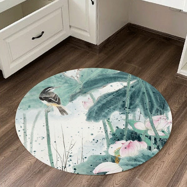 1-Piece Round Anti-Skidding Lotus Bird Print Simple Mat Green 40cm  - Image 3
