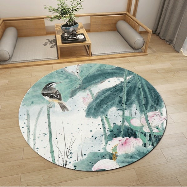 1-Piece Round Anti-Skidding Lotus Bird Print Simple Mat Green 40cm  - Image 4