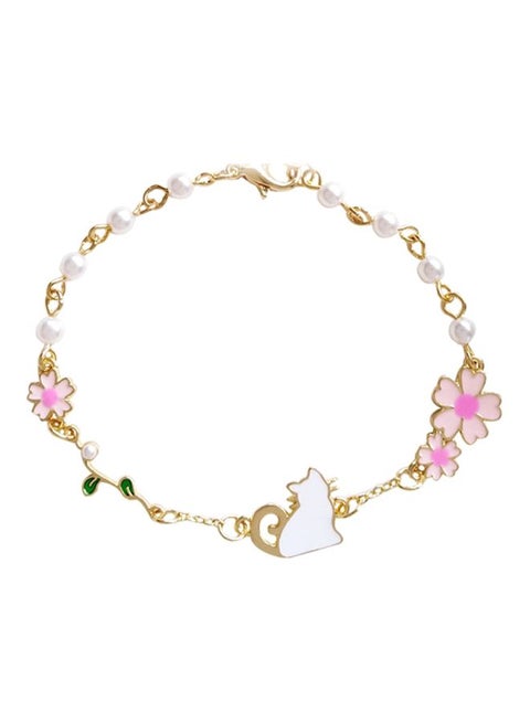 Silver Cat And Flowers Design Bracelet