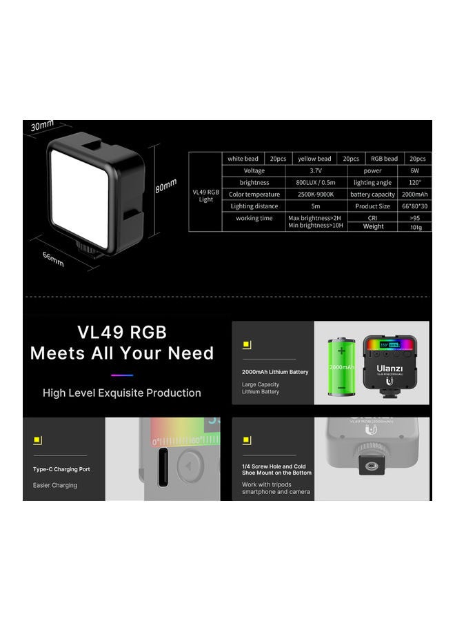يولانزي مصباح فيديو LED للجيب VL49 بإضاءة متعددة الألوان RGB مع حامل كولد شو أسود  - Image 5