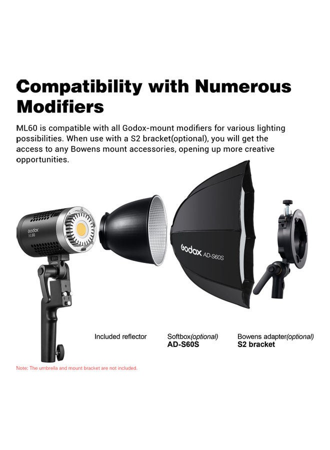 Godox - ML60 Portable Studio LED Light Portrait Photography Fill Light with Grip Carry Bag Black - Image 1