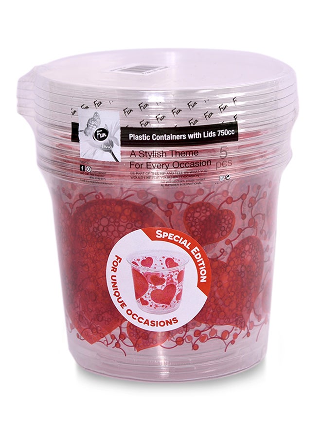 Fun 5-Piece Valentine Disposable Container With Lids Red/Clear 750ml  - Image 1