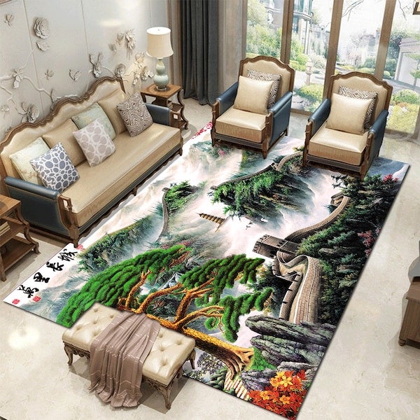 سجادة أرضية كلاسيكية بتصميم لمنظر طبيعي عصري أخضر 120*160(W*L)cmسم - Image 1