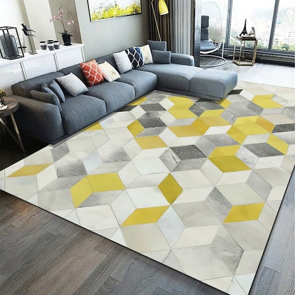 Bedroom Floor Nordic Style Creative Geometric Anti-Slip Bedside Rug, Synthetic Fibre, Rectangle Yellow 60*90(W*L)cm  - Image 2
