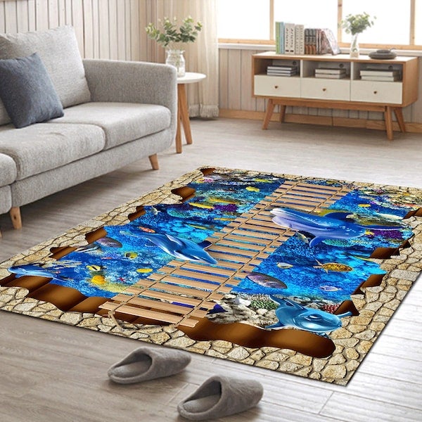 Home Rug 3D Sea World Print Creative Non-Slip Living Room Bedroom Floor Mat Blue 120*160(W*L)cmcm - Image 2