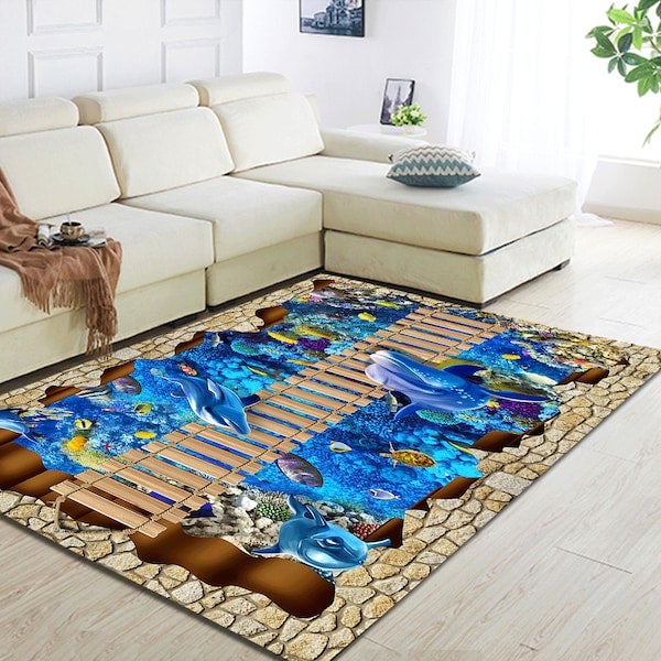 Home Rug 3D Sea World Print Creative Non-Slip Living Room Bedroom Floor Mat Blue 120*160(W*L)cmcm - Image 5