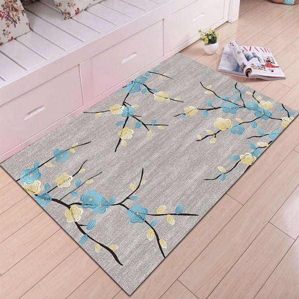 Home Rug Modern Style Flower Print Non-Slip Living Room Bedroom Floor Mat Grey 60*90(W*L)cmcm  - Image 1