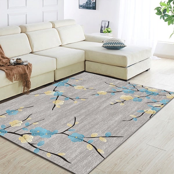 Home Rug Modern Style Flower Print Non-Slip Living Room Bedroom Floor Mat Grey 60*90(W*L)cmcm  - Image 2