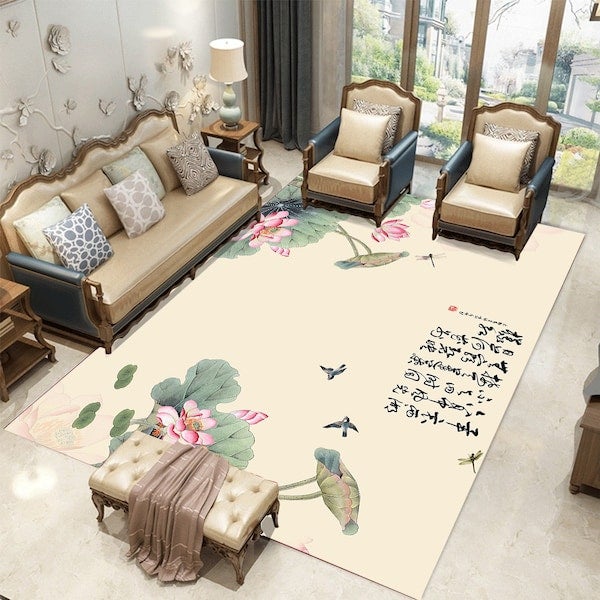 Home Rug Chinese Style Lotus Pond Print Non-Slip Living Room Bedroom Floor Mat multicolour 60*90(W*L)cmcm  - Image 2