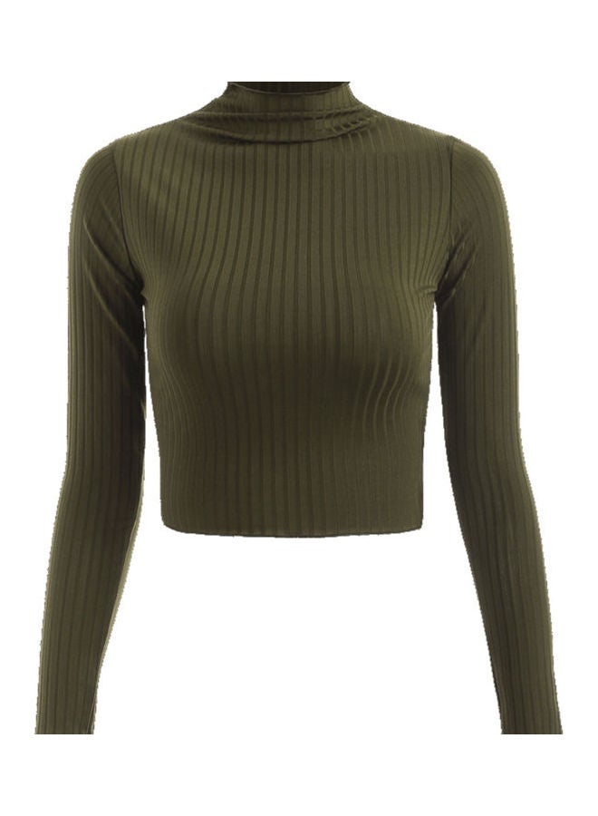 Long Sleeve Ribbed Thin Slim Bottoming Shirt Crop Top Green 