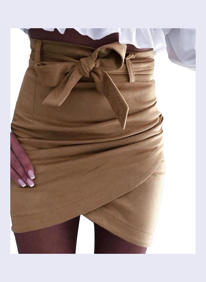 Generic - Solid Colour Slim High Waist Bandage Belt Mini Skirt Khaki - Image 1