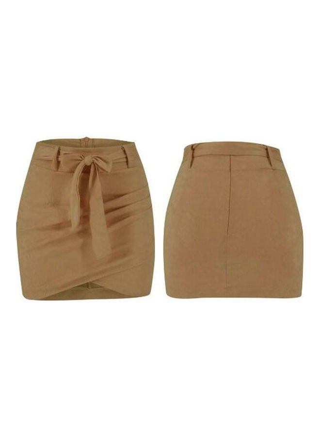 Generic - Solid Colour Slim High Waist Bandage Belt Mini Skirt Khaki - Image 1