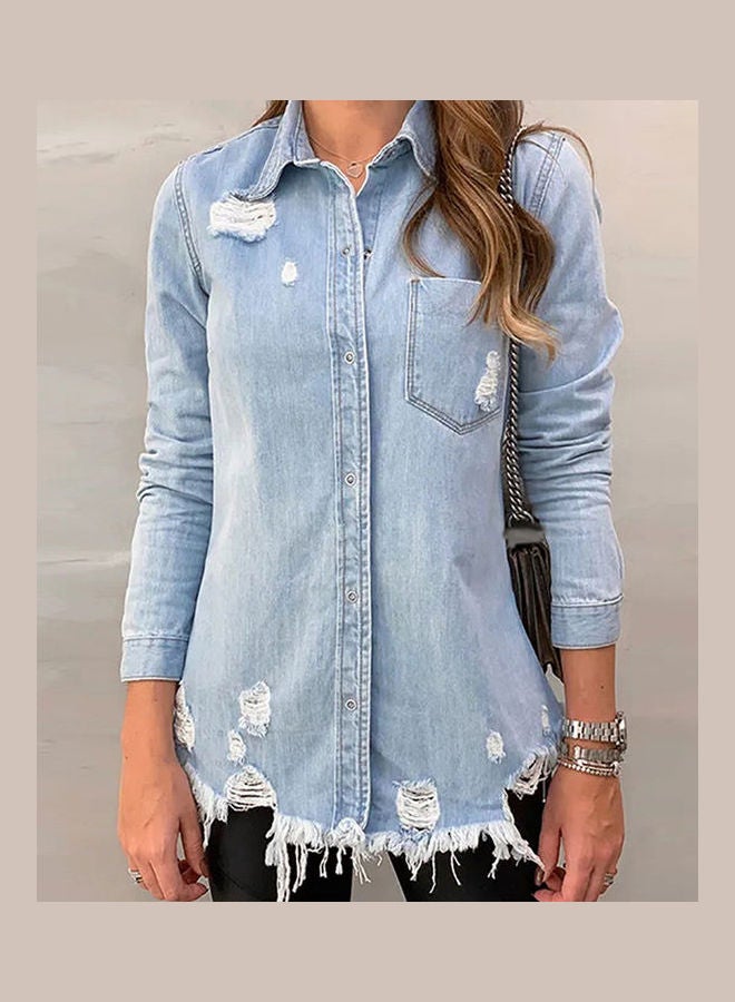 جاكيت جينز أنيق بأكمام طويلة وجيوب بتصميم ممزق وفتحات أزرق فاتح - Image 2