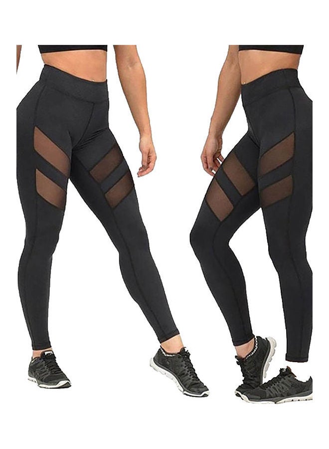 High Waist Mesh Splicing Slim Leggings Black - Image 2