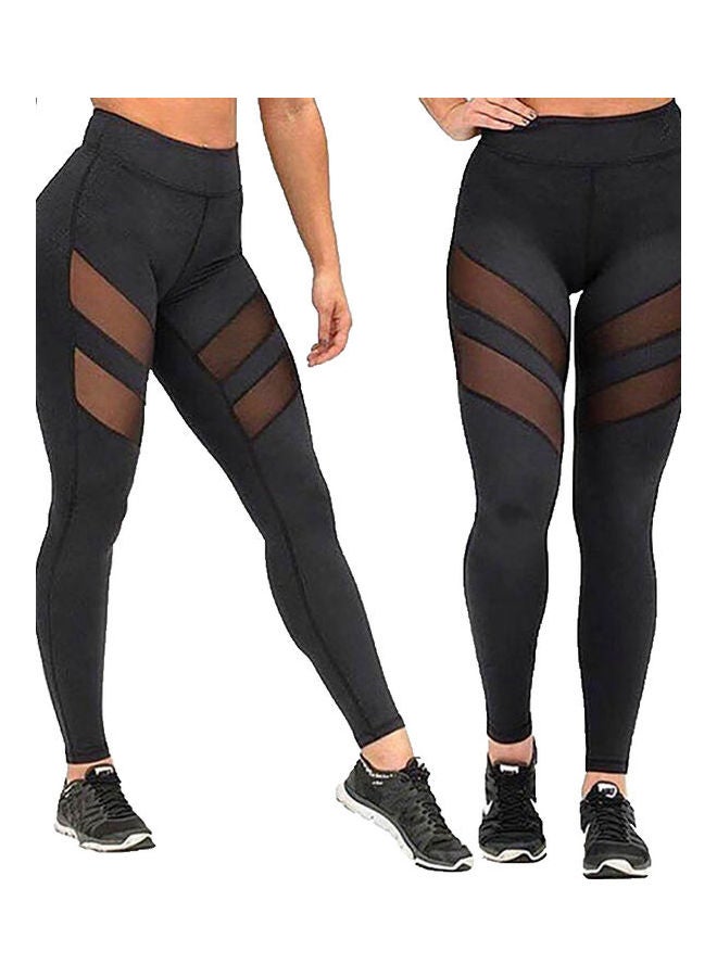 High Waist Mesh Splicing Slim Leggings Black - Image 3
