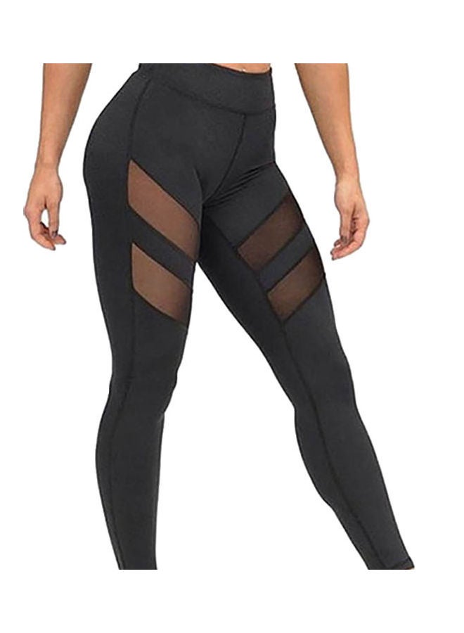 High Waist Mesh Splicing Slim Leggings Black - Image 1