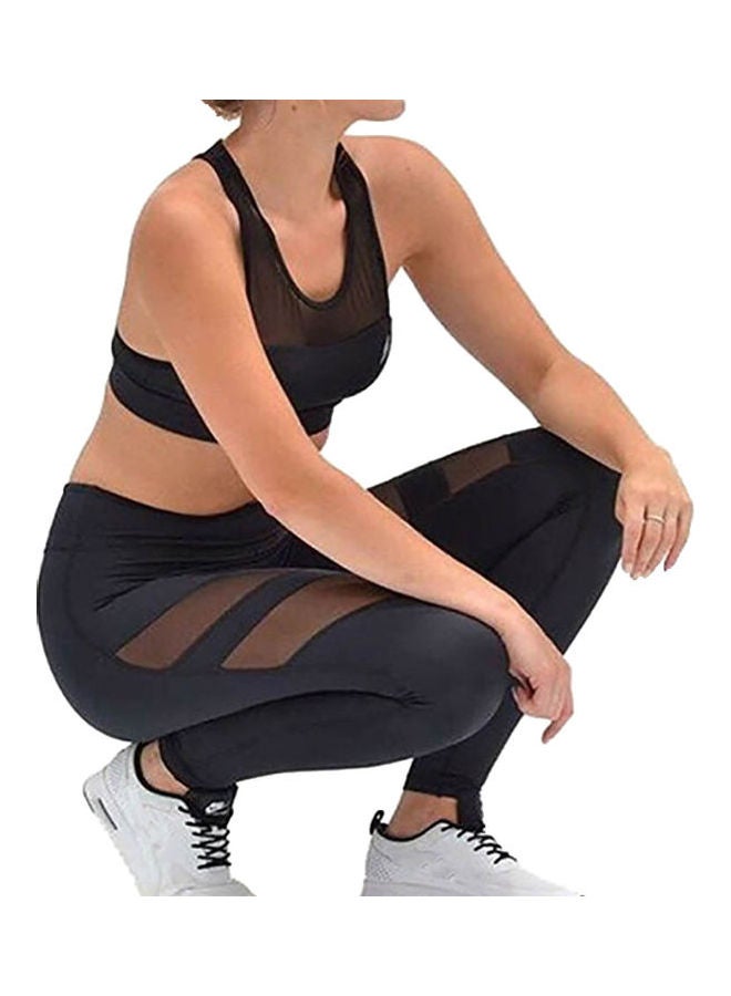High Waist Mesh Splicing Slim Leggings Black - Image 4
