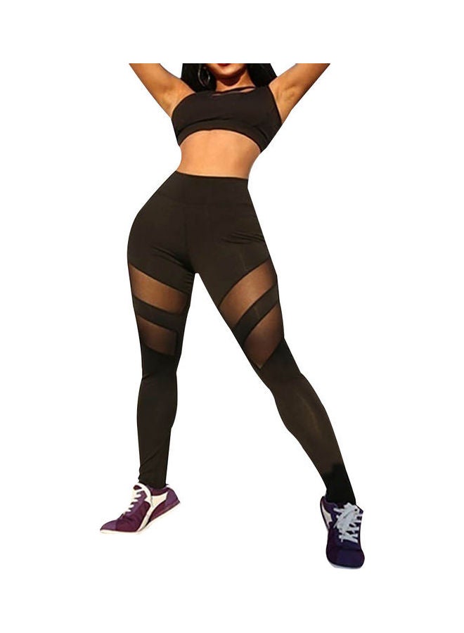 High Waist Mesh Splicing Slim Leggings Black - Image 5