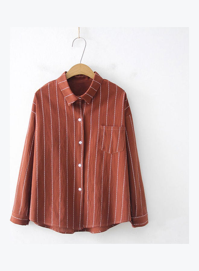 Vertical Stripe Lapel Long Sleeve Button Shirt Blouse Red