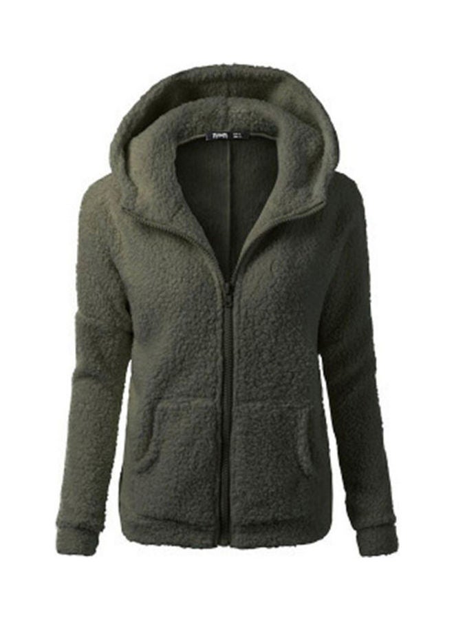 Winter Plush Pocket Hooded Sweatshirt Army Green - Image 1