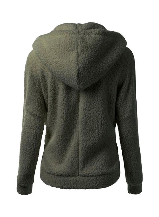 Winter Plush Pocket Hooded Sweatshirt Army Green - Image 2