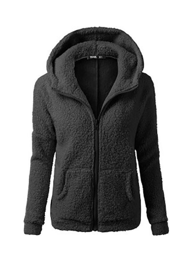 Winter Plush Pocket Hooded Sweatshirt Black 