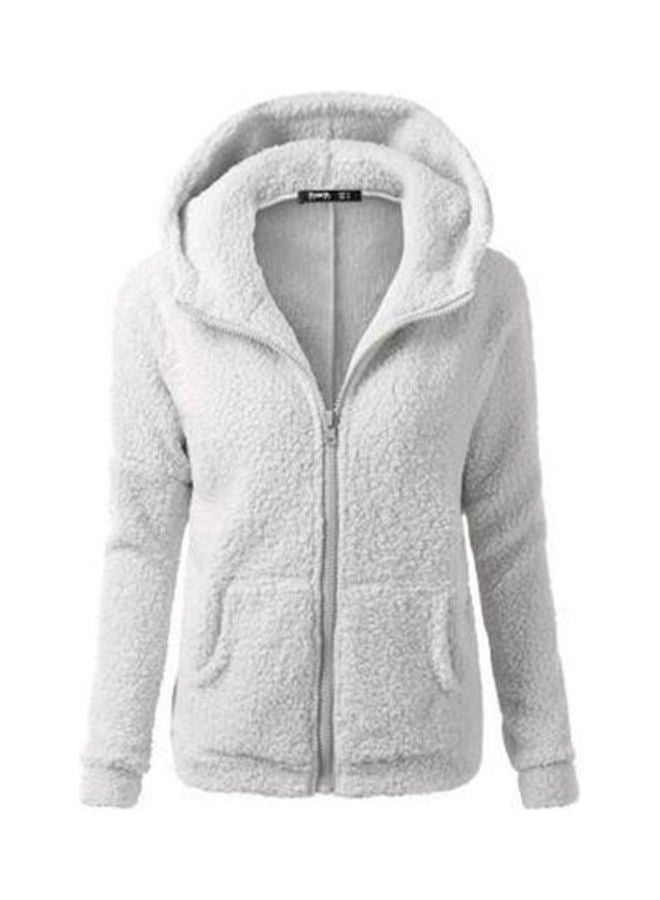 Winter Plush Pocket Hooded Sweatshirt Light Grey
