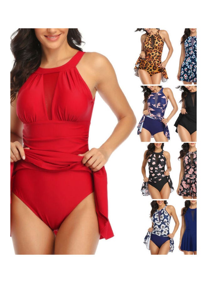 فستان بحمالة حول العنق مكشوف الظهر أزرق/أحمر - Image 3