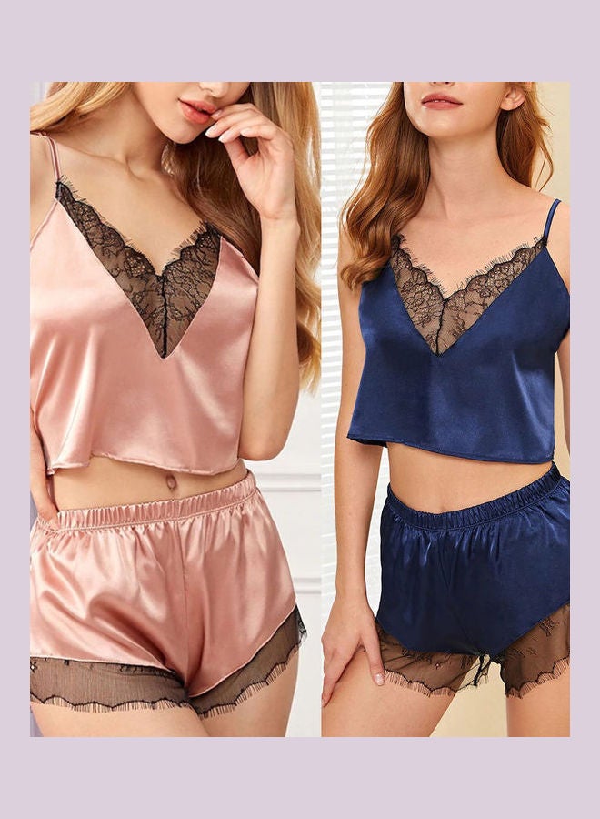 طقم بيجاما برقبة على شكل حرف V مكون من قطعتين أزرق ياقوتي - Image 2