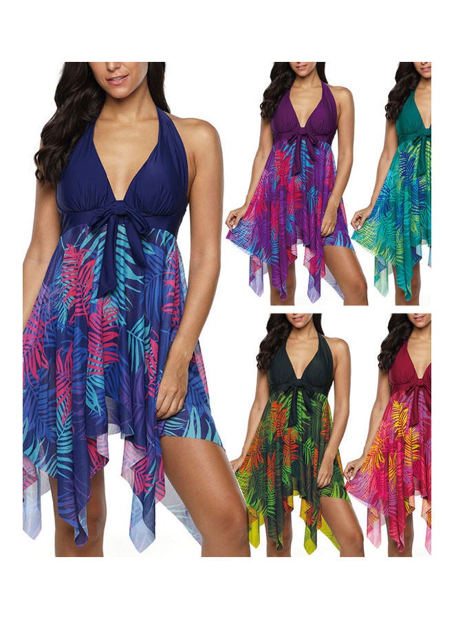 Leaves Printed Swimsuit Navy Blue - Image 2