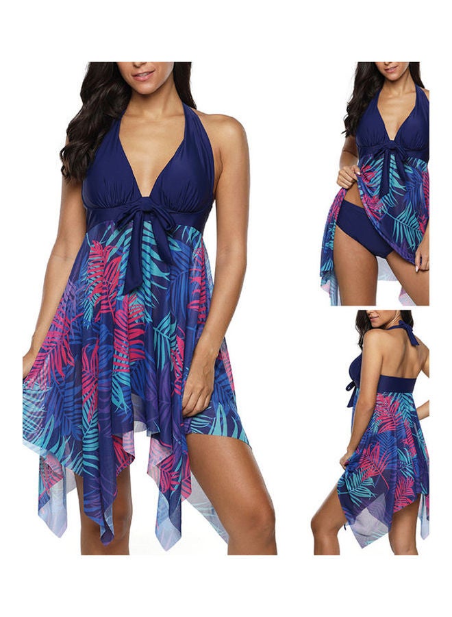 Leaves Printed Swimsuit Navy Blue - Image 5
